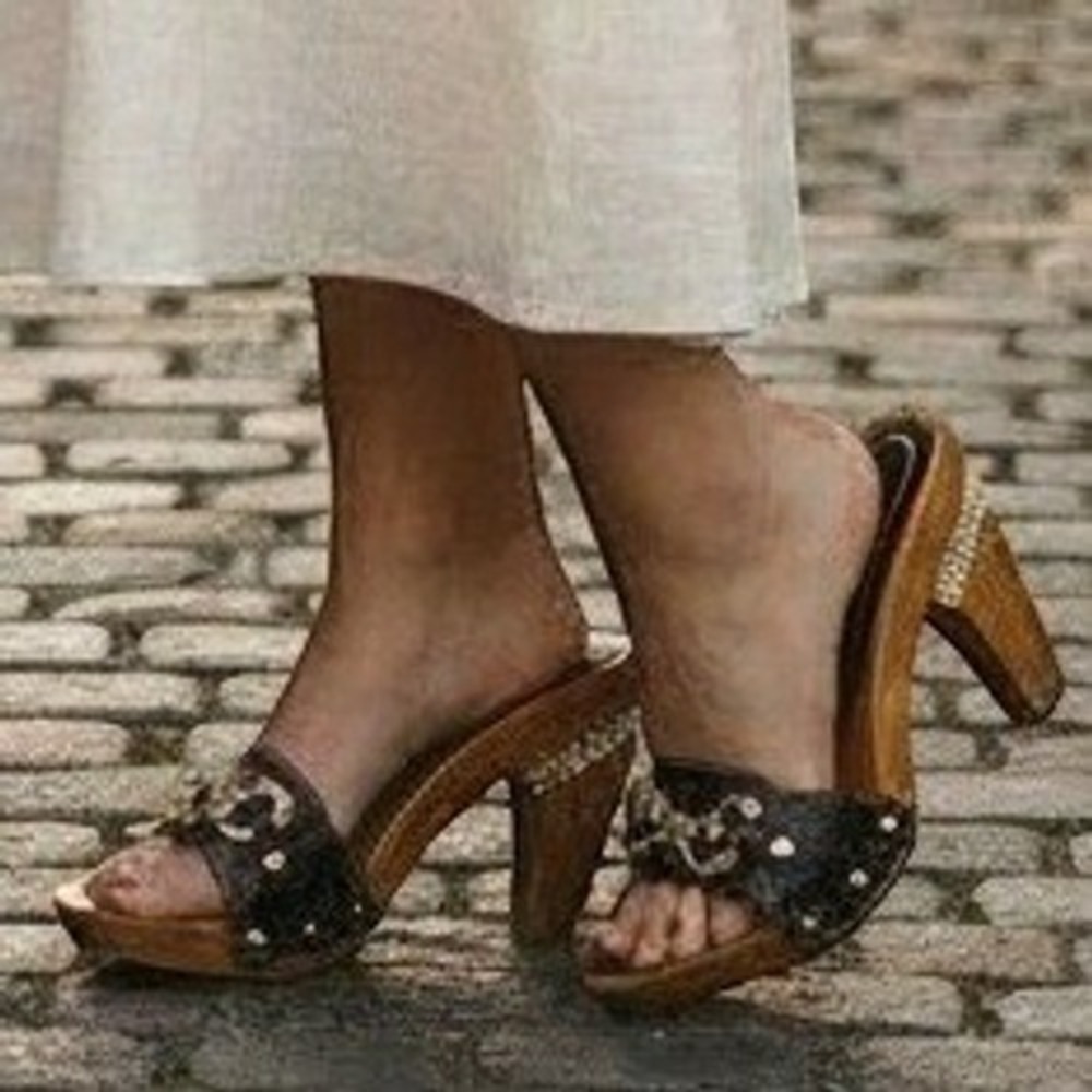 Gucci Vintage Early 2000s Wood Mule Clog Crystal Chain Brown Leather Sandals